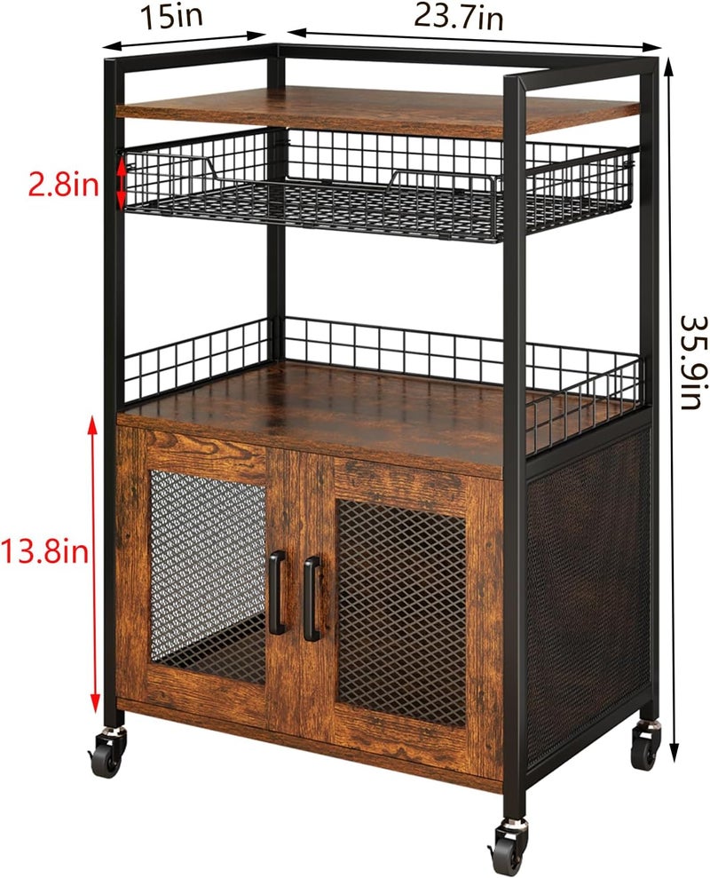 Hencawima Coffee Bar Cabinet, 3 Tier Coffee Station Table on Wheels, 35.9" H Bar Cart with Wire Basket Drawer & 5 Hooks for Home Kitchen, Liquor Buffet Sideboard Cabinet (Rustic Brown) - Image 5